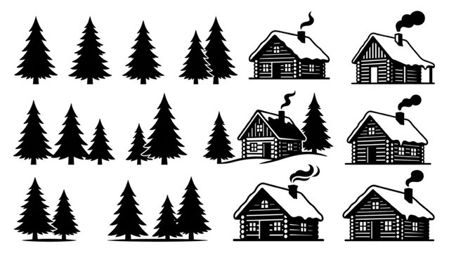 Winter village scenes and trees AutoCAD vector collection