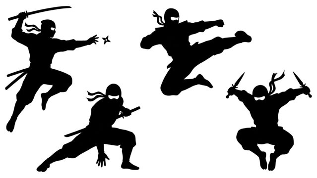 Ninja silhouettes AutoCAD vector collection of martial arts action poses