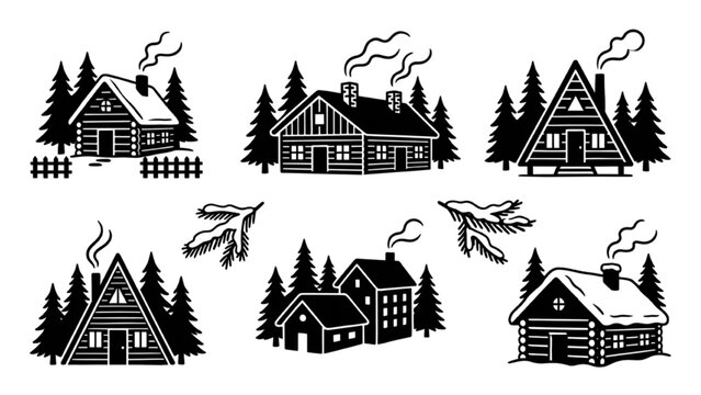 AutoCAD vector collection of cozy log cabins in winter forest settings