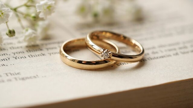 Two elegant gold wedding rings placed upon an old book page decorated with small white flowers for a romantic concept of commitment love marriage celebration and meaningful engagement unions.