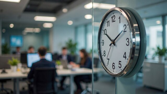 Wall clock showing time in modern office environment with blurred business people working at desks in background through glass partition reflecting busy corporate professional workspace.