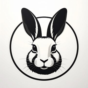 Black and white rabbit head illustration in circular frame.