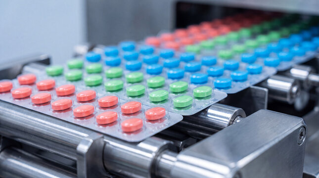 Colorful tablets in red, green and blue arranged in blister packs on a production line