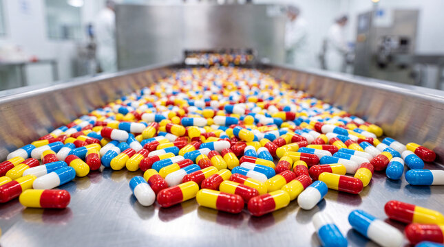 Multicolored capsules scattered across a stainless steel conveyor in a pharmaceutical factory