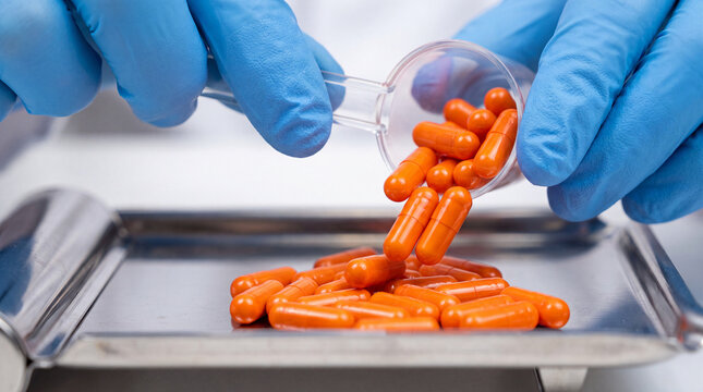 Gloved hands pouring orange capsules from a petri dish into a metal tray