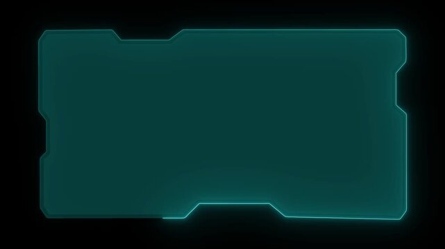 Neon blue panel frame animation forms a futuristic screen border outline. Blue panel frame highlights user interface lines. Frame animation loop provides text layouts.