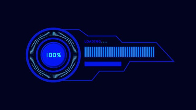 Loading screen progress bar animation loops full digital rendering sequences. Progress bar layout shows blue circular dials. Screen animation design fits software themes.