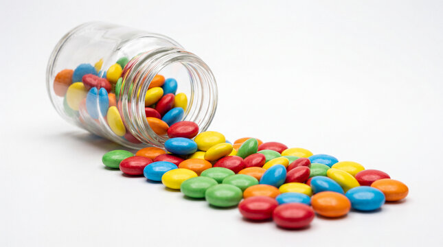 Colorful coated tablets spilling from a glass jar on a white background
