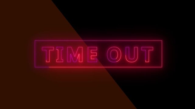 Neon sign time out text animation glows bright with modern pink colors. Sign time out graphic design provides alert details. Out text animation loops cleanly for breaks.