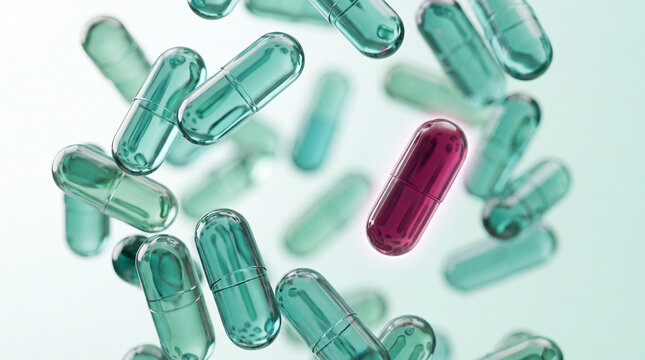 Digital render of a pink capsule standing out among green floating capsules