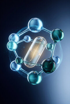 Digital render of a glowing capsule at the center of a glass molecule structure