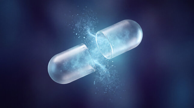 Digital illustration of a capsule opening with a burst of blue sparkling particles