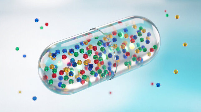 Transparent capsule filled with tiny colorful spheres floating in space