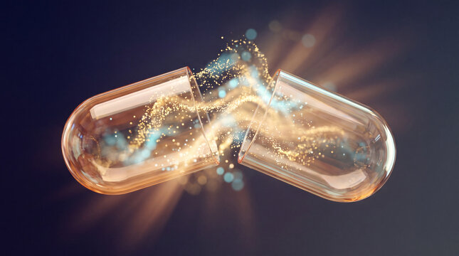 Digital illustration of a capsule opening with a golden sparkling burst