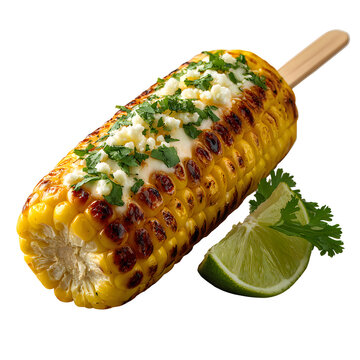 Charred sweet corn on a stick with cheese and cilantro, vegetable