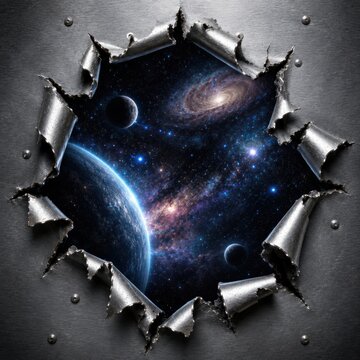Galaxy exploding through cracked glass for futuristic tech design. Cosmic space scene with shattered digital effect for sci-fi backgrounds.