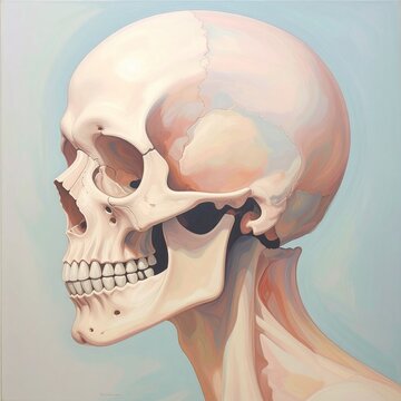 Detailed anatomical illustration of human skull and neck muscles.