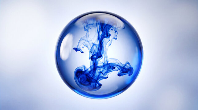 Abstract illustration of blue ink swirling inside a transparent glass sphere