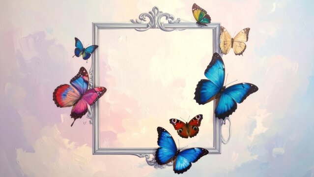 Blue and orange butterflies surrounding silver picture frame border.