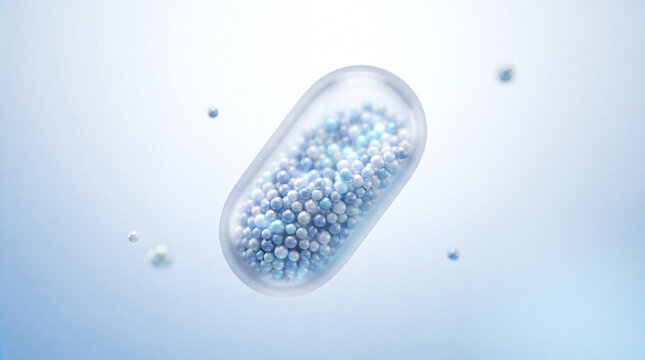 Transparent capsule filled with small blue and silver beads floating in light
