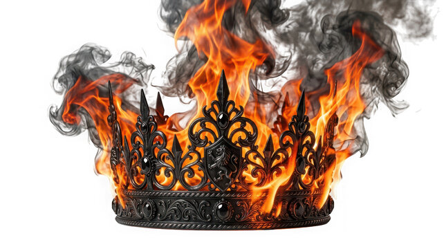 Black metal crown with intricate filigree and lion emblem engulfed in bright orange flames and dark smoke isolated on transparent background