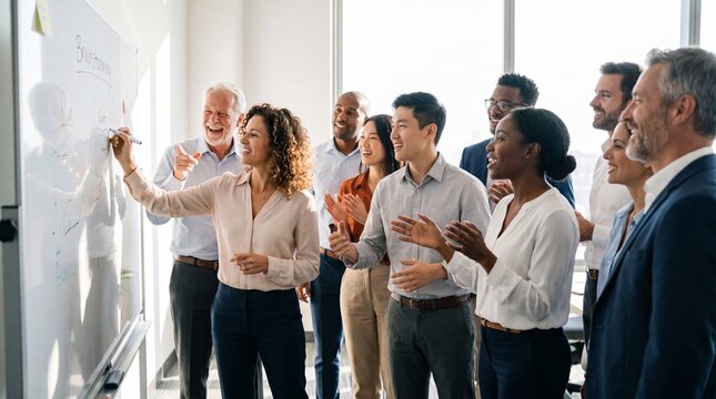 A diverse group of professional colleagues collaborating during a creative office whiteboard.