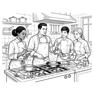 Latino chef training multicultural kitchen staff clip art for culinary blogs