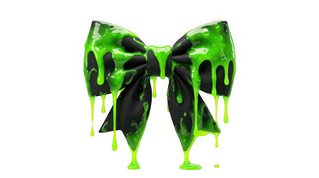 Black bow tie covered in dripping neon green slime isolated on transparent background
