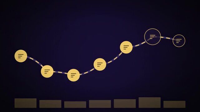 Abstract animated learning path of connected course modules drawn as amber and orange glowing lines and dots on a deep dark background. Clean minimal motion graphics element with free space around it,