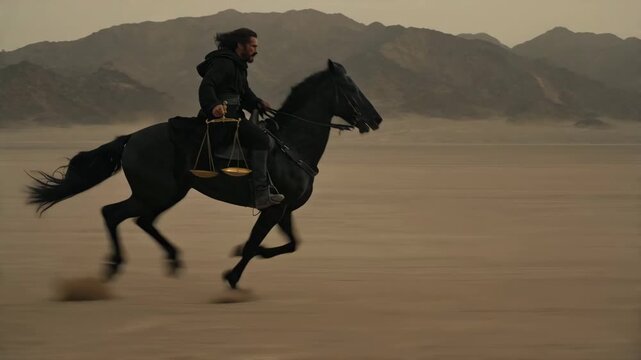 Epic biblical scene inspired by Revelation featuring the third horseman riding swiftly through the wilderness as a symbol of famine, judgment, and divine prophecy