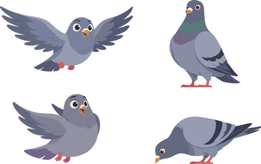 Fototapeta premium Cute City Pigeon Bird Character Set Flying with Open Wings Standing and Pecking for Food Isolated Cartoon Style Vector Illustration