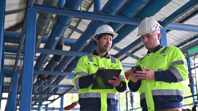 Expert engineers are working together to inspect the structure of the water treatment plant's pipes to ensure they are safe and meet standards.
