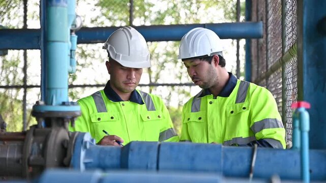 Expert engineers and the chief technician are working together to inspect the water filtration system of a water treatment plant for malfunctions.