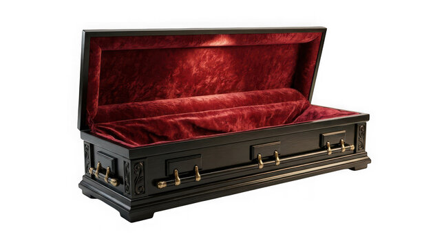 A luxurious black wooden coffin with red velvet interior lining isolated on transparent background