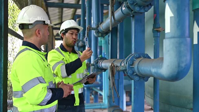Expert engineers are working together to inspect the structure of the water treatment plant's pipes to ensure they are safe and meet standards.