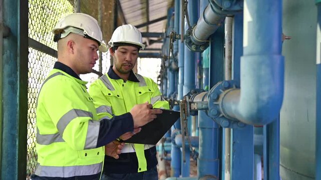 Expert engineers are working together to inspect the structure of the water treatment plant's pipes to ensure they are safe and meet standards.