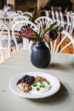 Healthy yogurt bowl with granola at a cafe