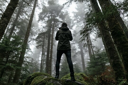 Low angle view of man photographing a misty forest