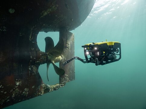 Yellow underwater ROV drone inspecting ship propeller and rudder hull with robotic arm