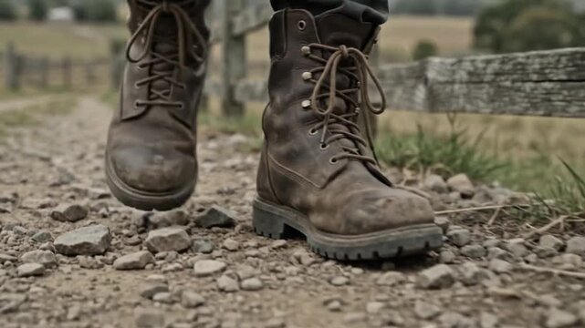 Low Angle Close Up of Leather Work Boots Walking on Rugged Dirt Gravel Path next to Weathered Wooden Fence in Countryside Landscape