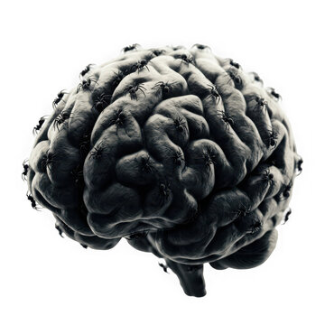 Human brain covered with many small black spiders isolated on transparent background