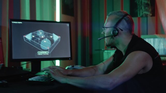 A cybercriminal operates a multi-monitor computer workstation in a neon-lit industrial container while communicating through a headset.