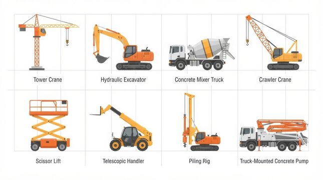Construction workers are focused on building operations using cranes and various heavy equipment at the site during the day