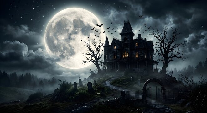 Creepy haunted mansion standing under a huge glowing full moon night