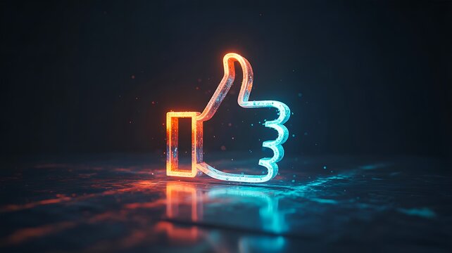 Glowing neon thumbs up icon with futuristic digital background