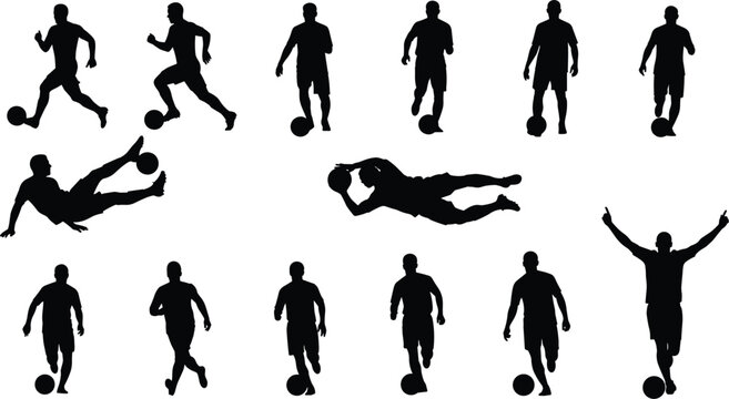 Soccer player black silhouettes set running kicking and catching ball vector illustration isolated on clean white background