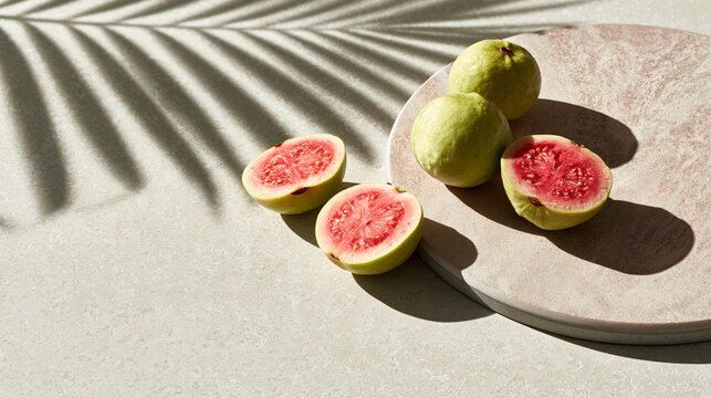 A modern cafe-inspired composition featuring guava fruit displayed on polished concrete with clean editorial styling