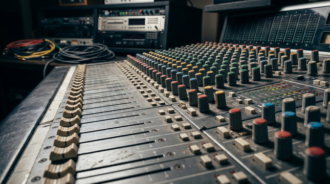 Sound mixing console with faders and knobs in recording studio Generative AI