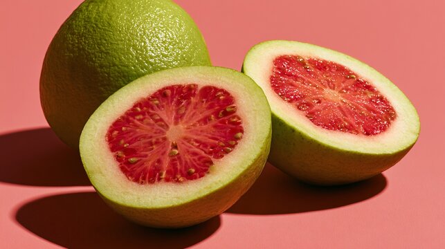 A monochromatic pink-green composition emphasizing the vibrant color contrasts found in guava fruit