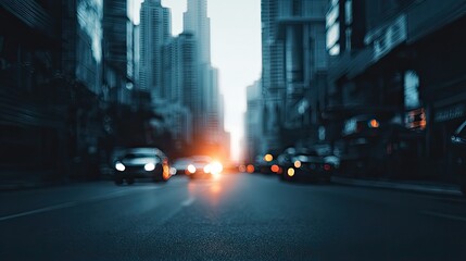 Obraz premium Motion blurred city street traffic, skyscraper buildings, blue urban commute dusk scene, dynamic speed commercial background